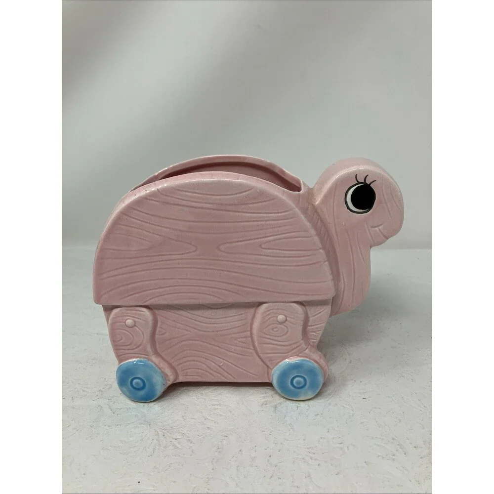 Turtle Planter Vase Vintage Taiwan Child Baby Nursery Pink Blue MCM Ceramic